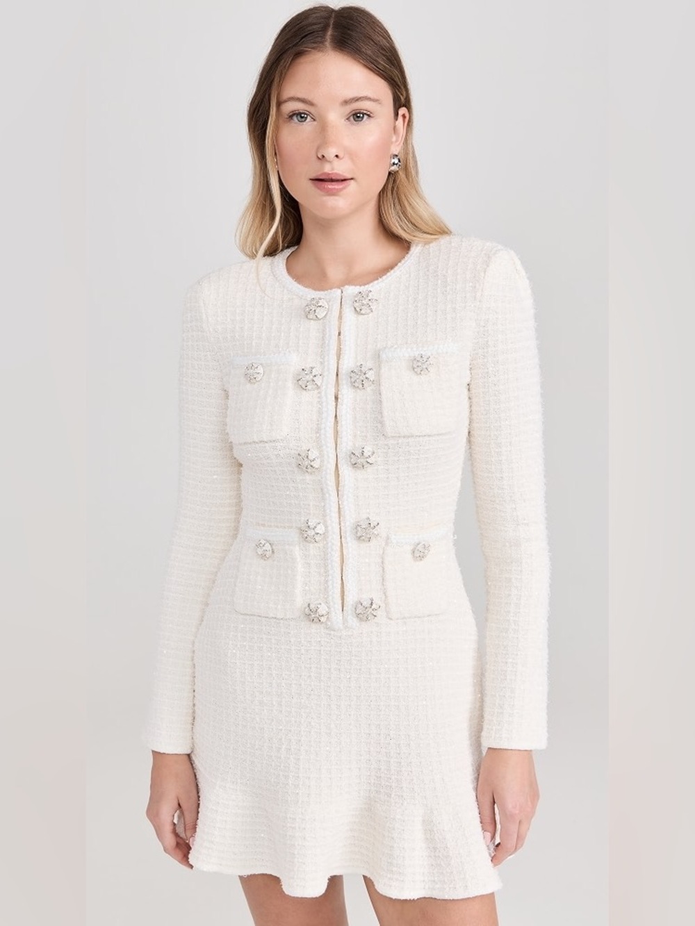 New Self Portrait Sequin-Embellished Bouclé Tweed Mini Dress Classic Small Cream